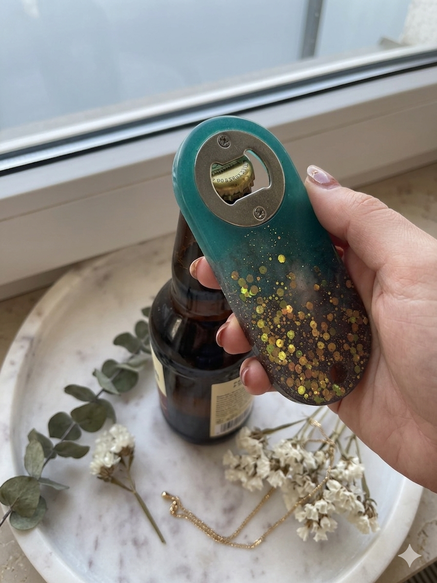 Handgemachter Flaschenöffner| Sommer Must-Have| metallic blau mit Glitzer