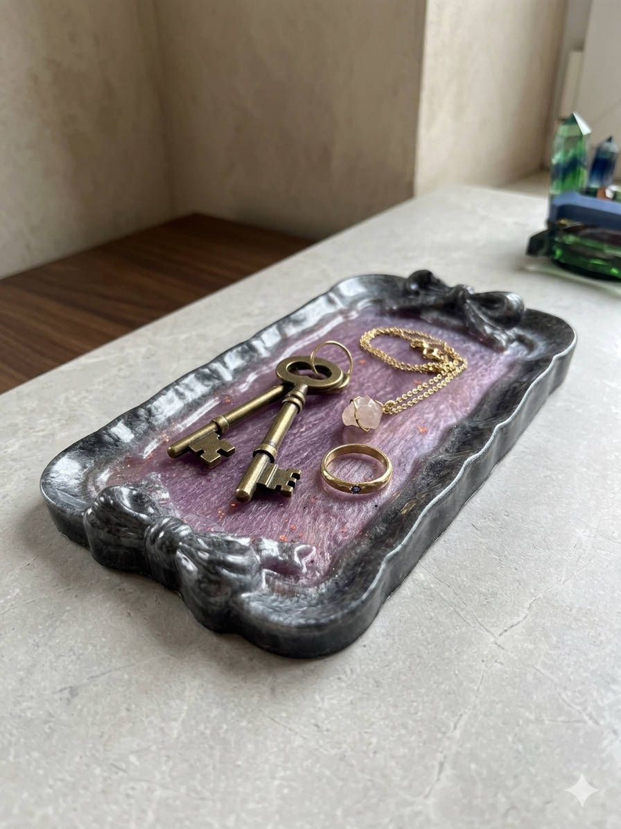 Handgemachtes Schleifentablett| Ablage| Dekoration| Geschenkidee| metallic Lila und grau