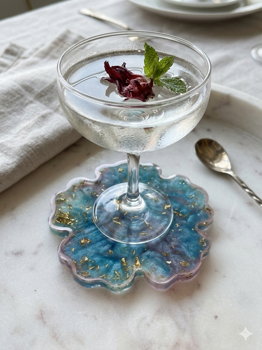 Handgemachter Blumenförmiger Untersetzer | metallic Blau mit Blattgold und roségoldenem Rand| Geschenk| Ablage