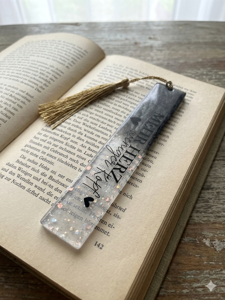 Handmade Lesezeichen| Buchliebhaber| aus Epoxidharz| metallic grau mit Schimmer Glitzer| mit Quaste beige