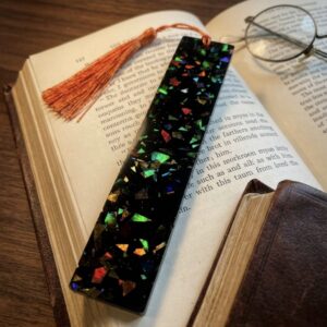 Handgemachtes Lesezeichen| für Buchliebhaber| schwarz mit bunten Glitzerflakes
